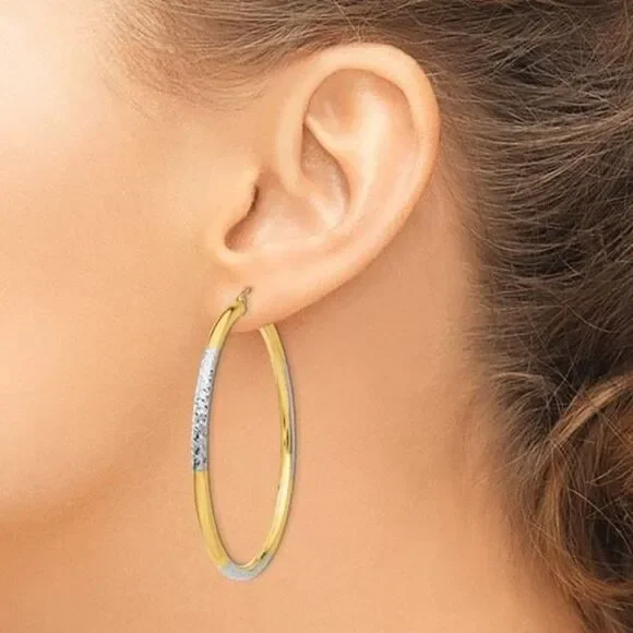 14K and Rhodium Diamond-cut 3x55mm Oversized Hoop Earrings